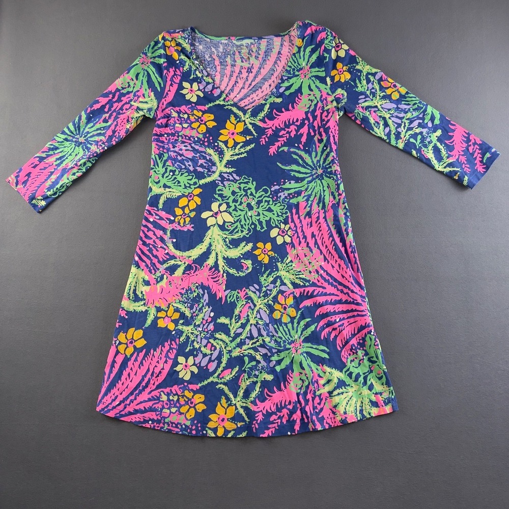 Lilly Pulitzer Pima Cotton V-Neck Dress Navy Pink Tropical Floral Print‎ Small